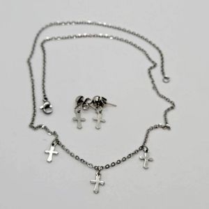 Stainless Steel Cross Cable Chain Necklace and Earrings Set, Minimalist
